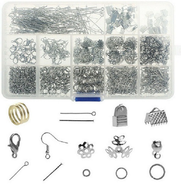 1000PCS FINDING SILVER JEWELLERY MAKING KIT WIRE FINDINGS PLIERS STARTER TOOL NECKLACE RING REPAIR DIY